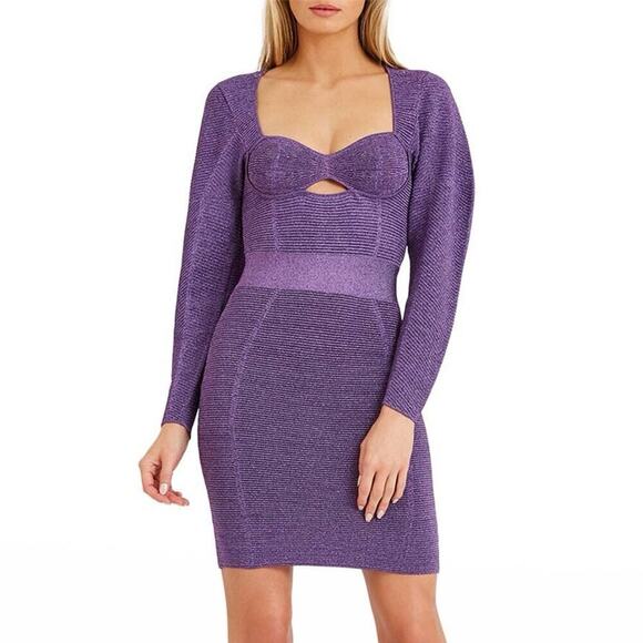New Herve Leger Purple Metallic Exaggerated Sleeve Mini Dress - Picture 1 of 8